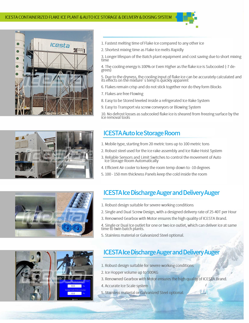 ICESTA Long Service Life Evergy Saving 120 tonnes Container Flake Ice Machine Plant avec stockage de glace automatique et Système de livraison de glace Râteau 480000 $