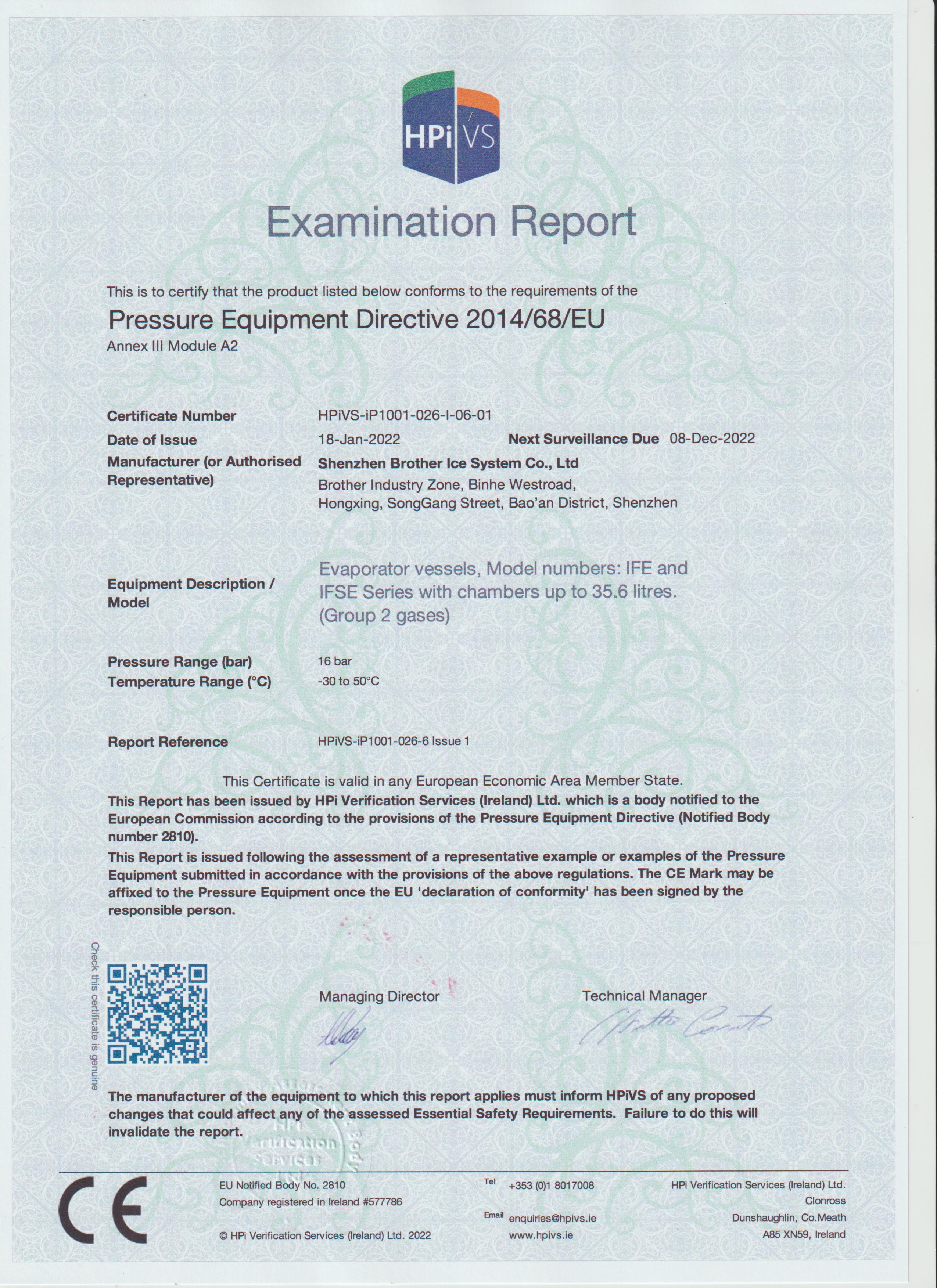 Certificat d'Icesta Flake Ice Evaporator Ped